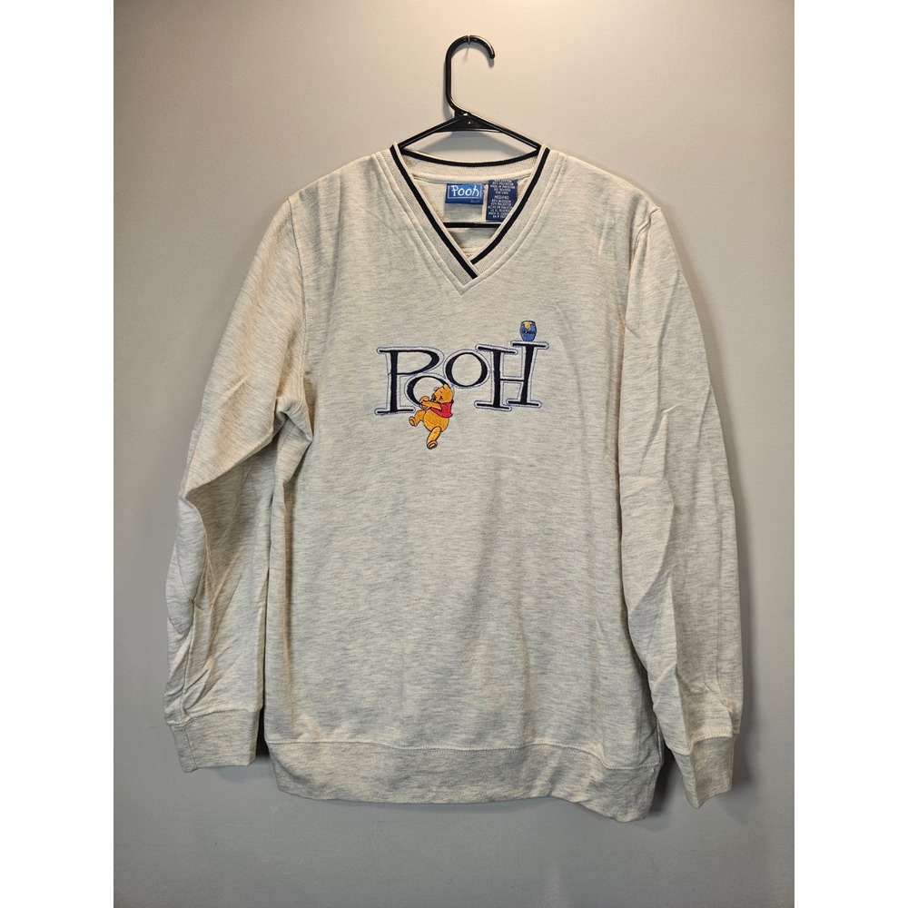 Disney Winnie the Pooh V-Neck Sweatshirt Oatmeal Heather Grey Embroidered Medium